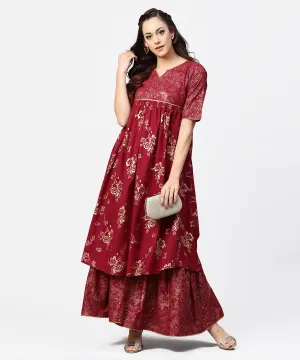 Red Printed Half Sleeve Cotton A-Line Kurta With Sharara