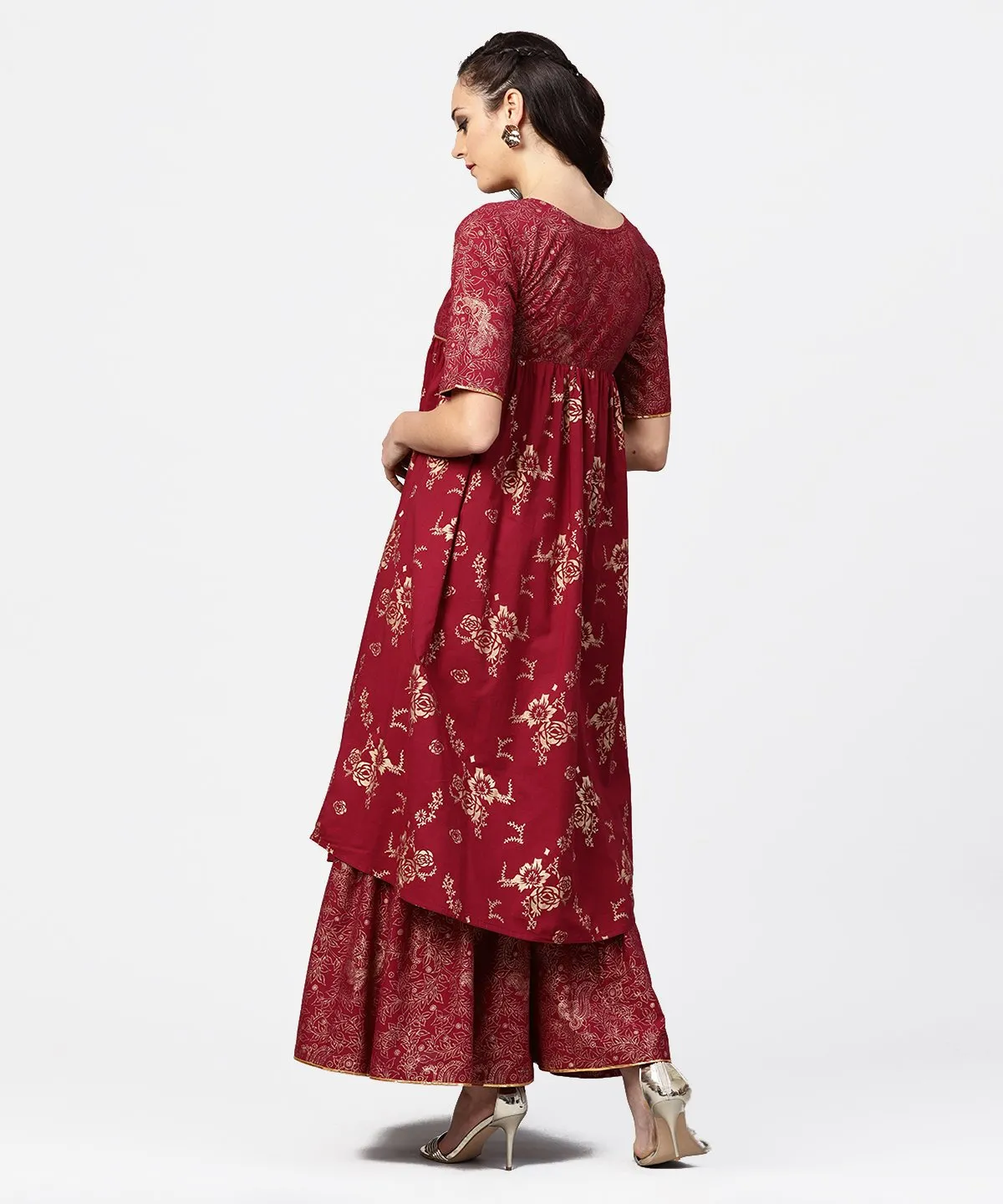 Red Printed Half Sleeve Cotton A-Line Kurta With Sharara