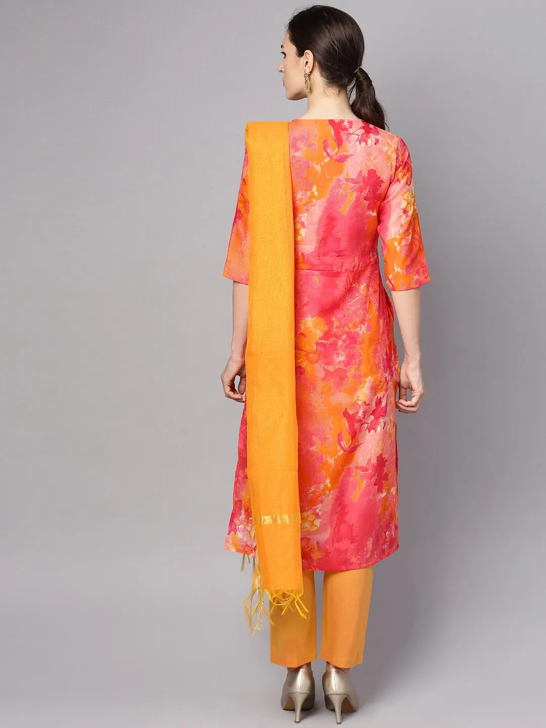 Red Printed Half Sleeve Cotton Kurta With Yellow Palazzo & Dupatta