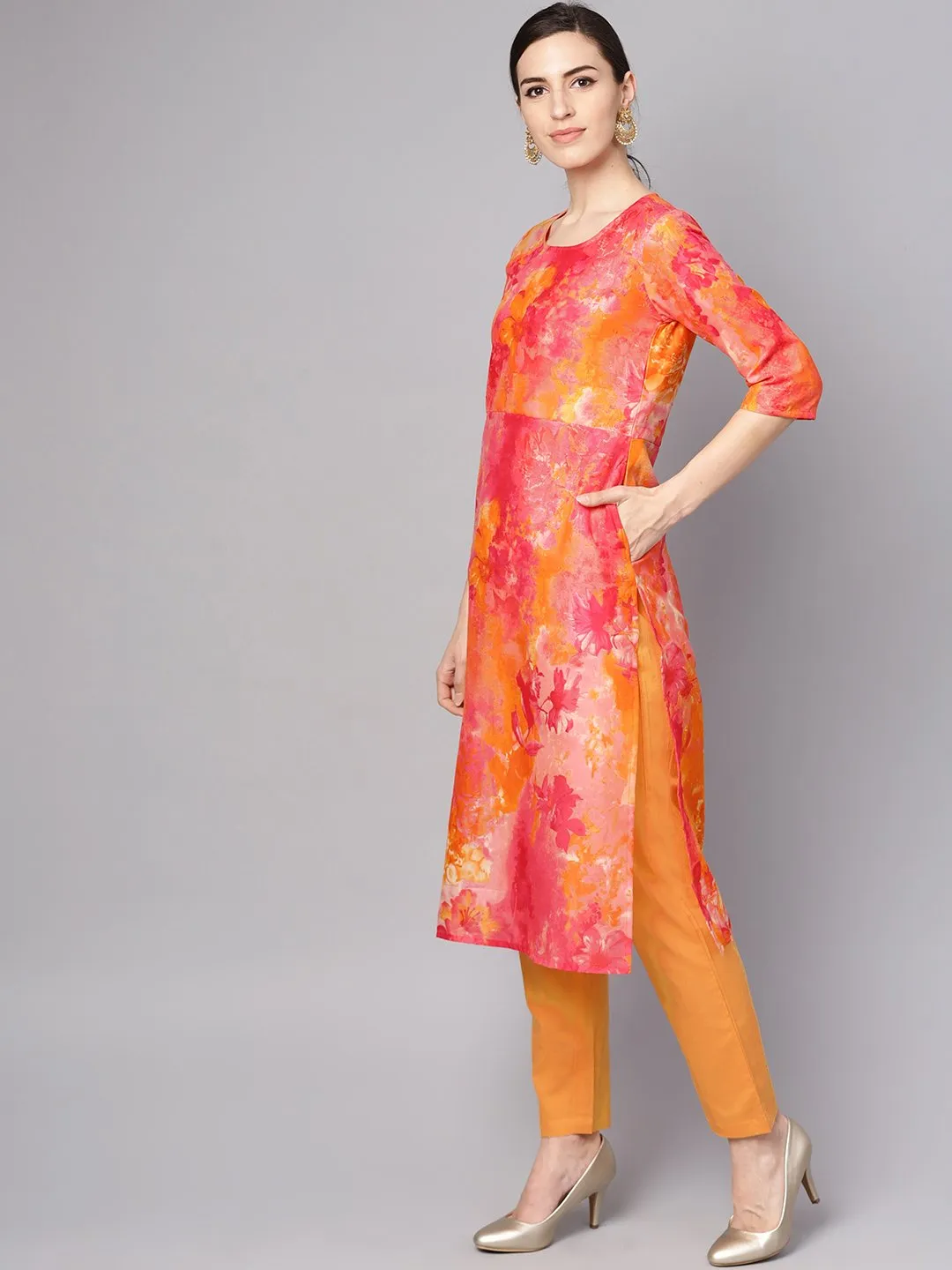 Red Printed Half Sleeve Cotton Kurta With Yellow Palazzo & Dupatta