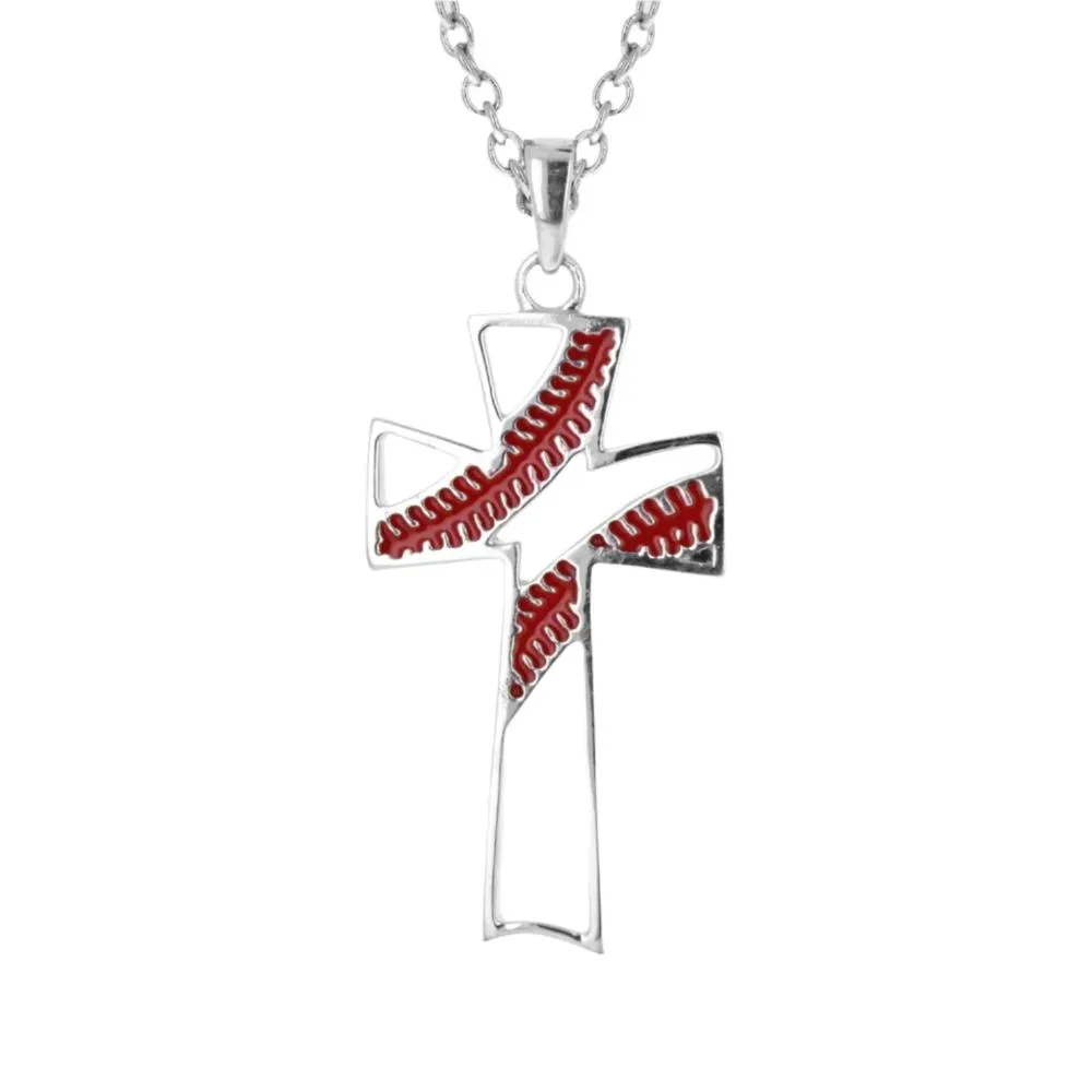 Red Stitch Baseball Cross Necklace | Sterling Silver