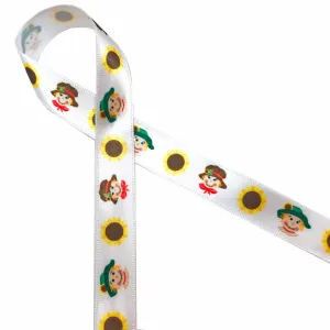 Scarecrow ribbon with sunflowers printed on 5/8" white single face satin ribbon