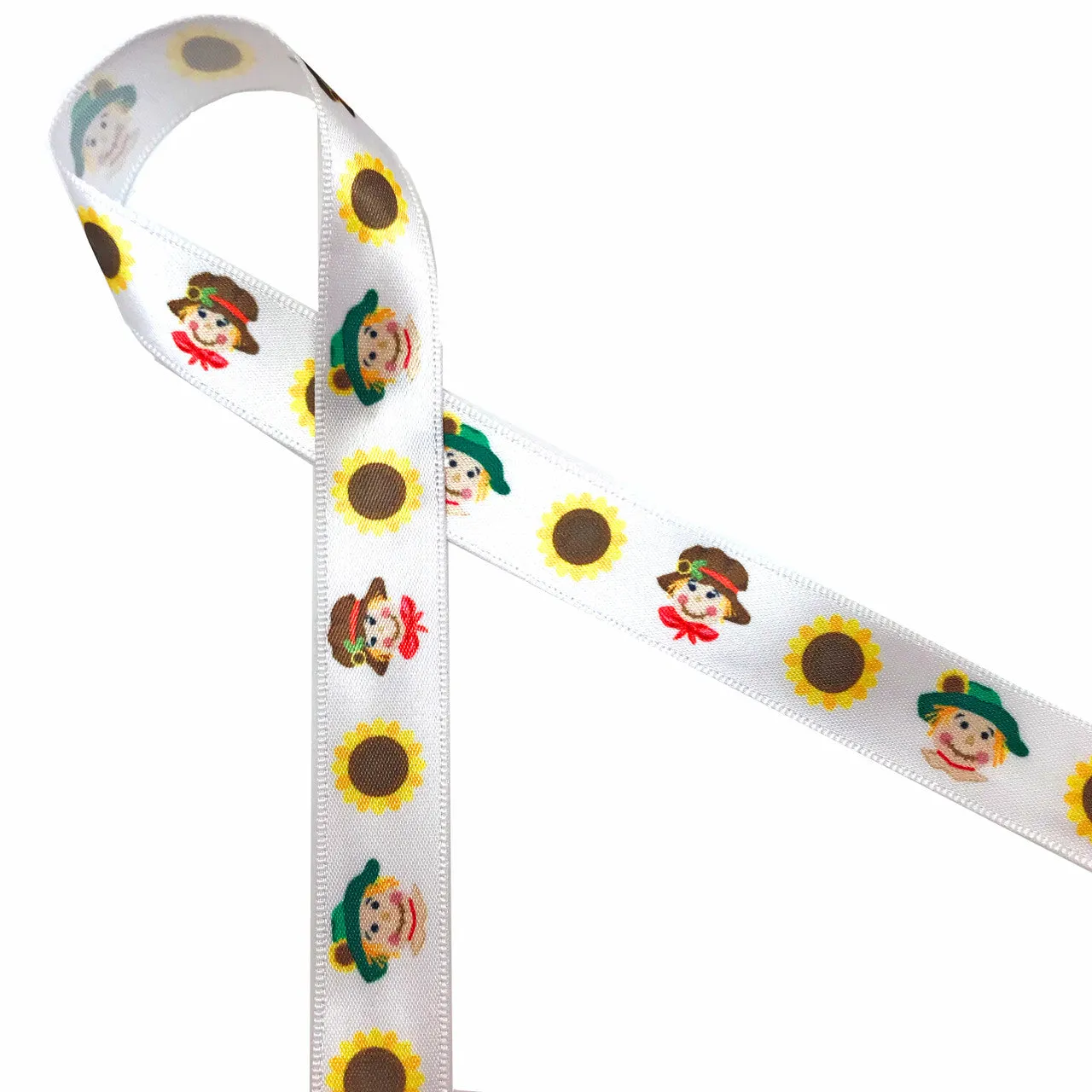 Scarecrow ribbon with sunflowers printed on 5/8" white single face satin ribbon