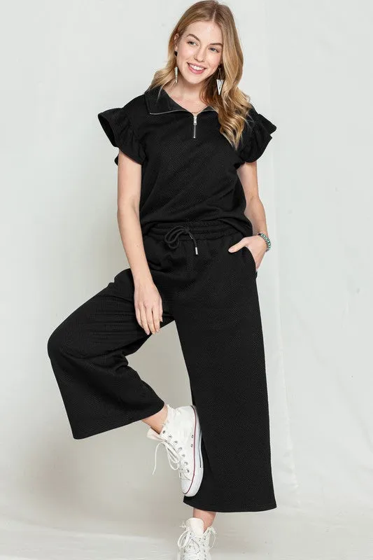 TEEK - Black Ruffled Cap Sleeve Top Wide Leg Pants Set