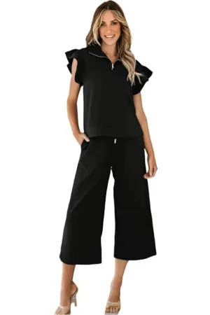 TEEK - Black Ruffled Cap Sleeve Top Wide Leg Pants Set