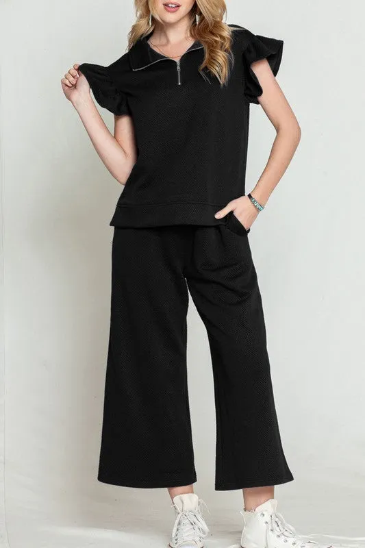 TEEK - Black Ruffled Cap Sleeve Top Wide Leg Pants Set