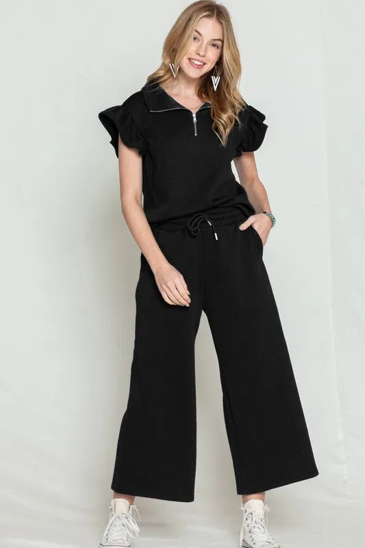 TEEK - Black Ruffled Cap Sleeve Top Wide Leg Pants Set