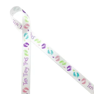 Ten Tiny Toes Ribbon with pastel footprints 5/8" White Single Face Satin Ribbon