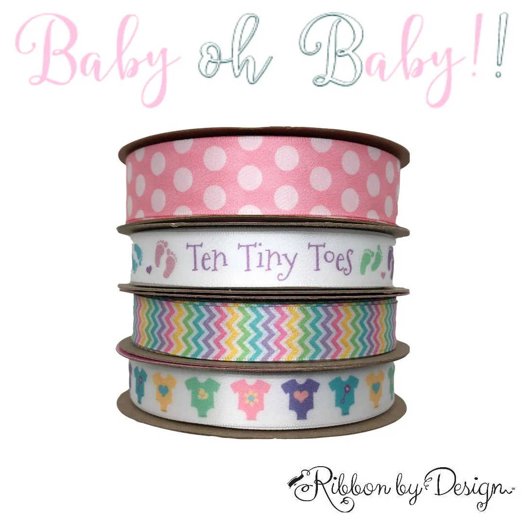 Ten Tiny Toes Ribbon with pastel footprints 5/8" White Single Face Satin Ribbon