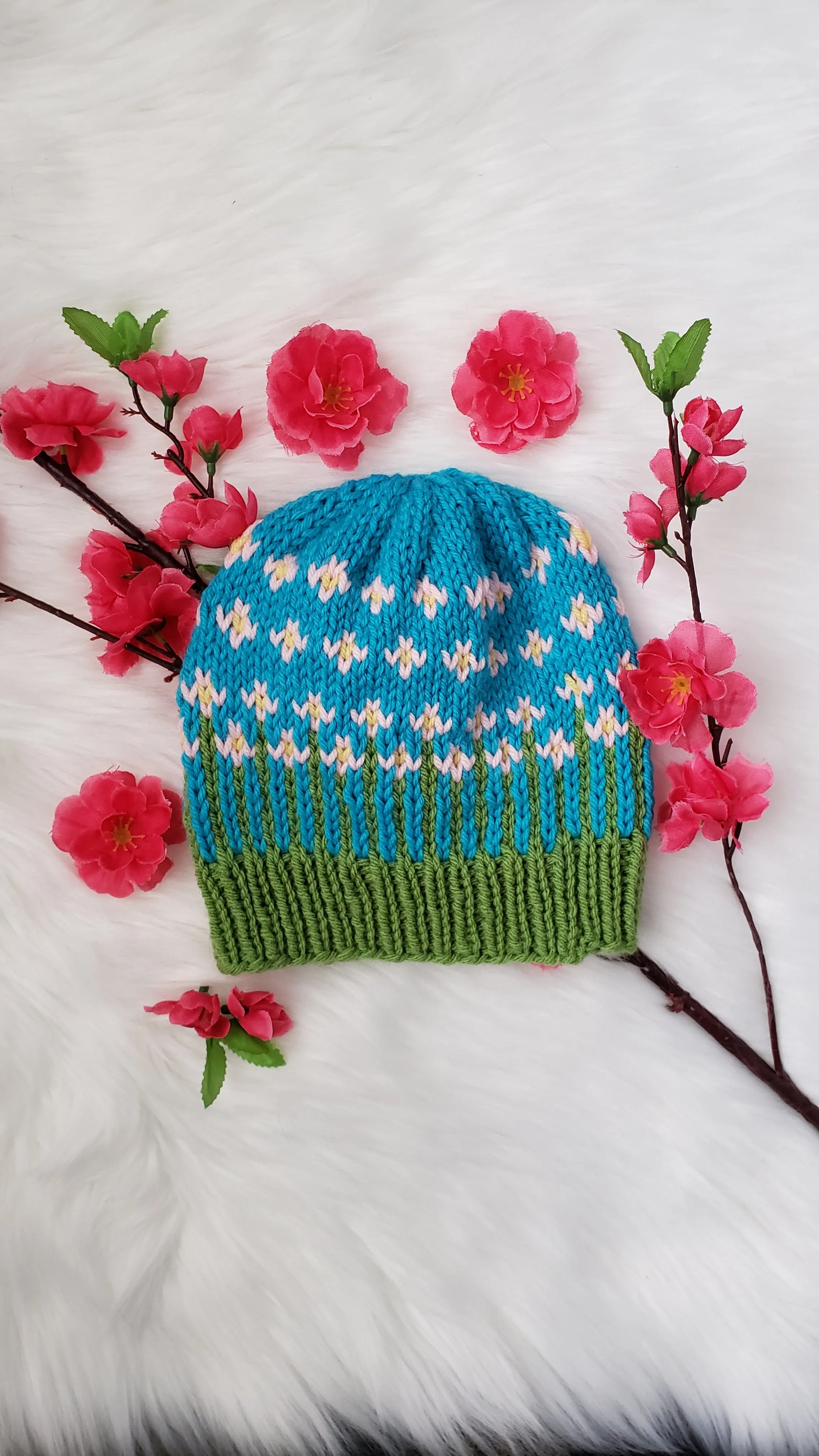 The Happiest of Hats Knitting PATTERN color work flowers baby to adult sizes