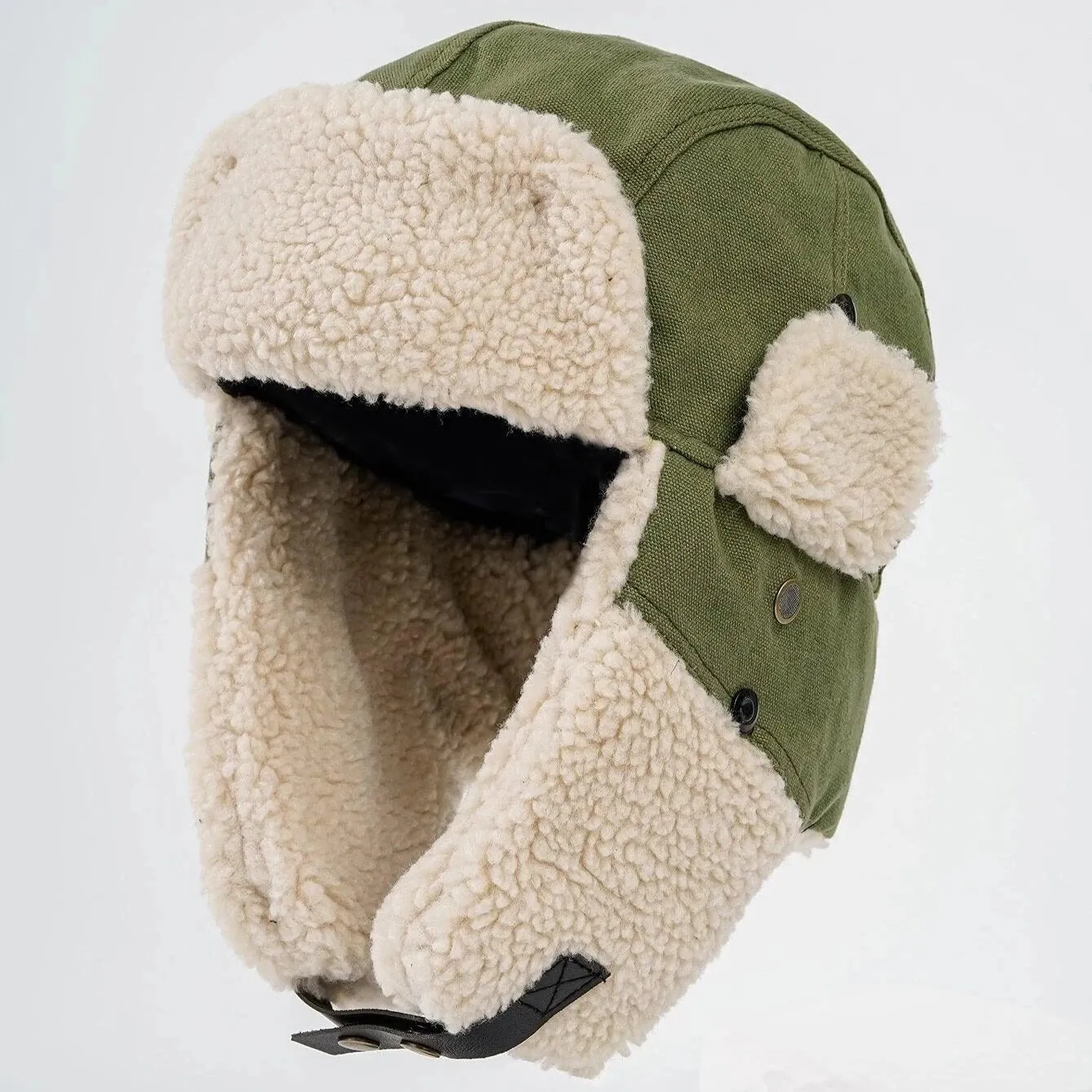 Unisex Olive Green Trapper Hat with Plush Lining