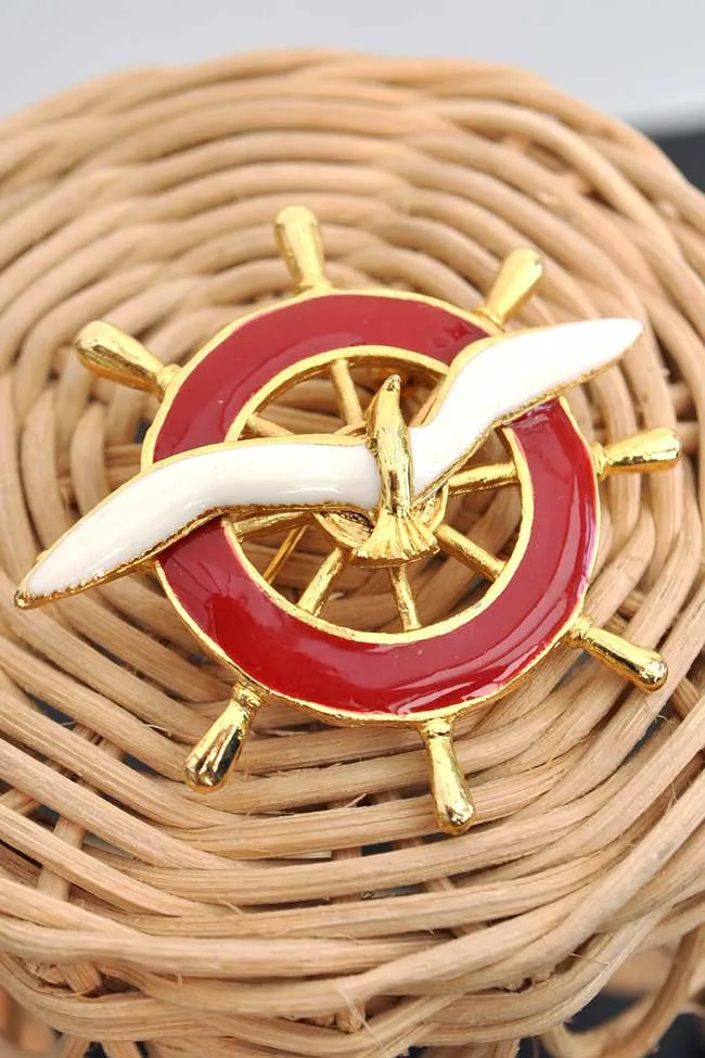 Vintage Nautical Ship's Wheel & Seagull Enamel Brooch