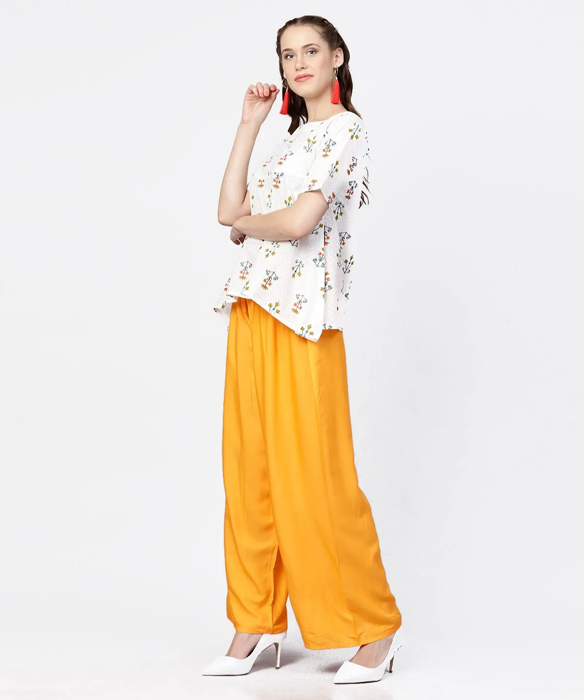 White Printed Half Sleeve Short Cotton Top With Yellow Regular Fit Palazzo