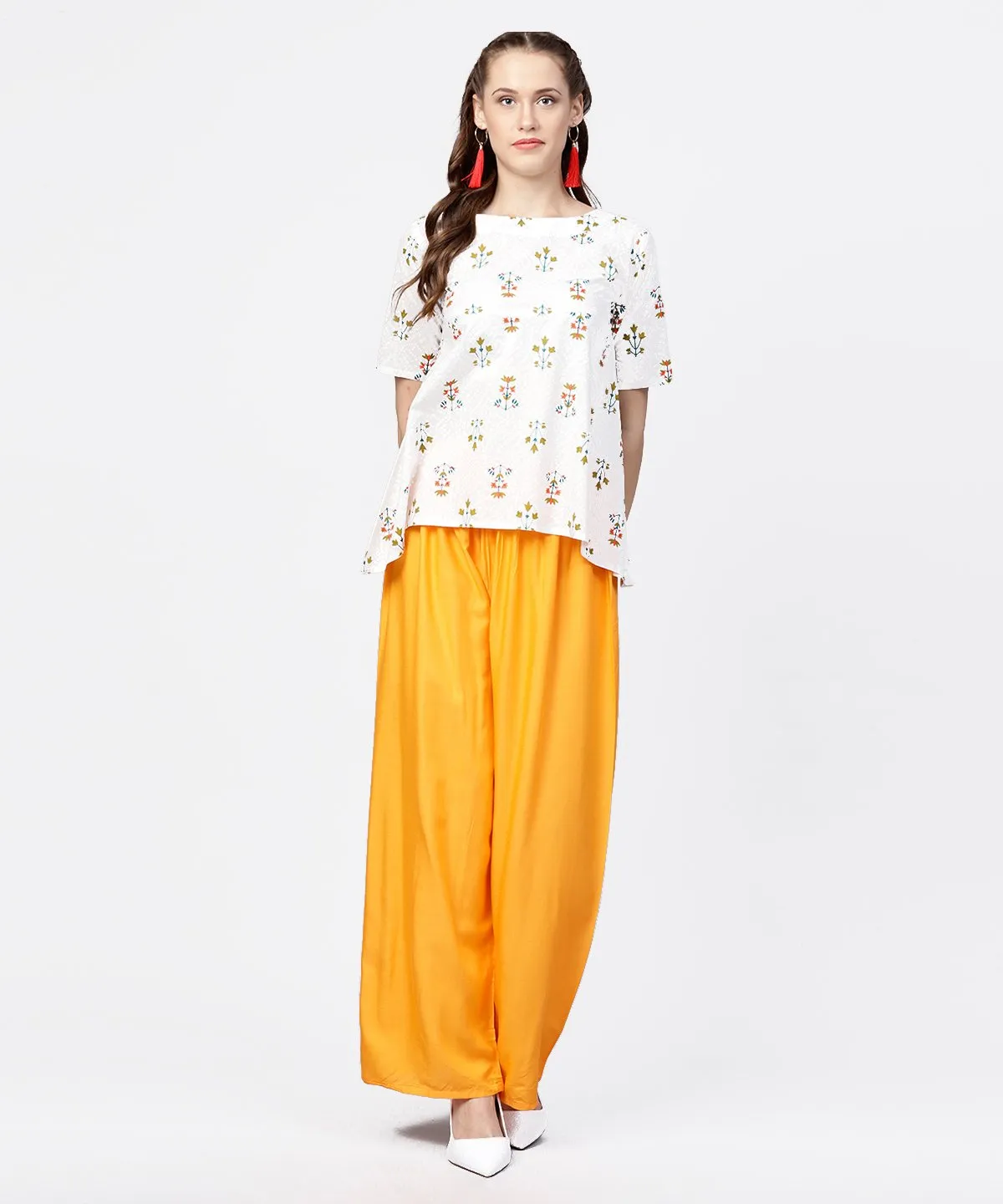 White Printed Half Sleeve Short Cotton Top With Yellow Regular Fit Palazzo