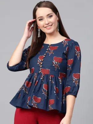 Women Blue & Red Peplum Printed Top