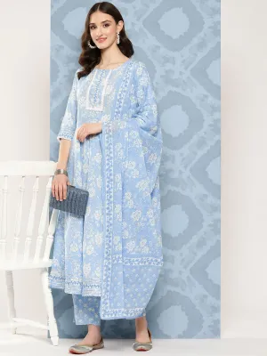 Women Blue Printed Flared Kurta And Trouser With Dupatta