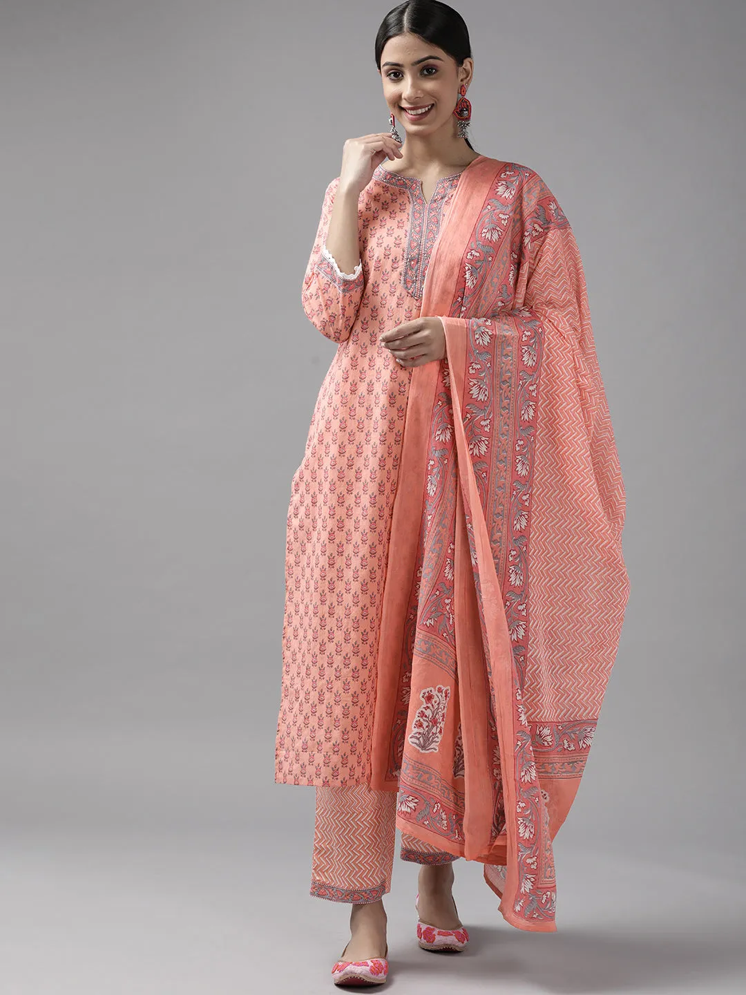 Women Ethnic Motifs Pure Cotton Lace Work Kurta With Dupatta Set