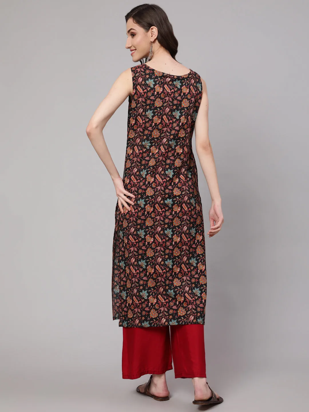 Women Multi Color Geometric Printed Sleeveless Straight Kurta