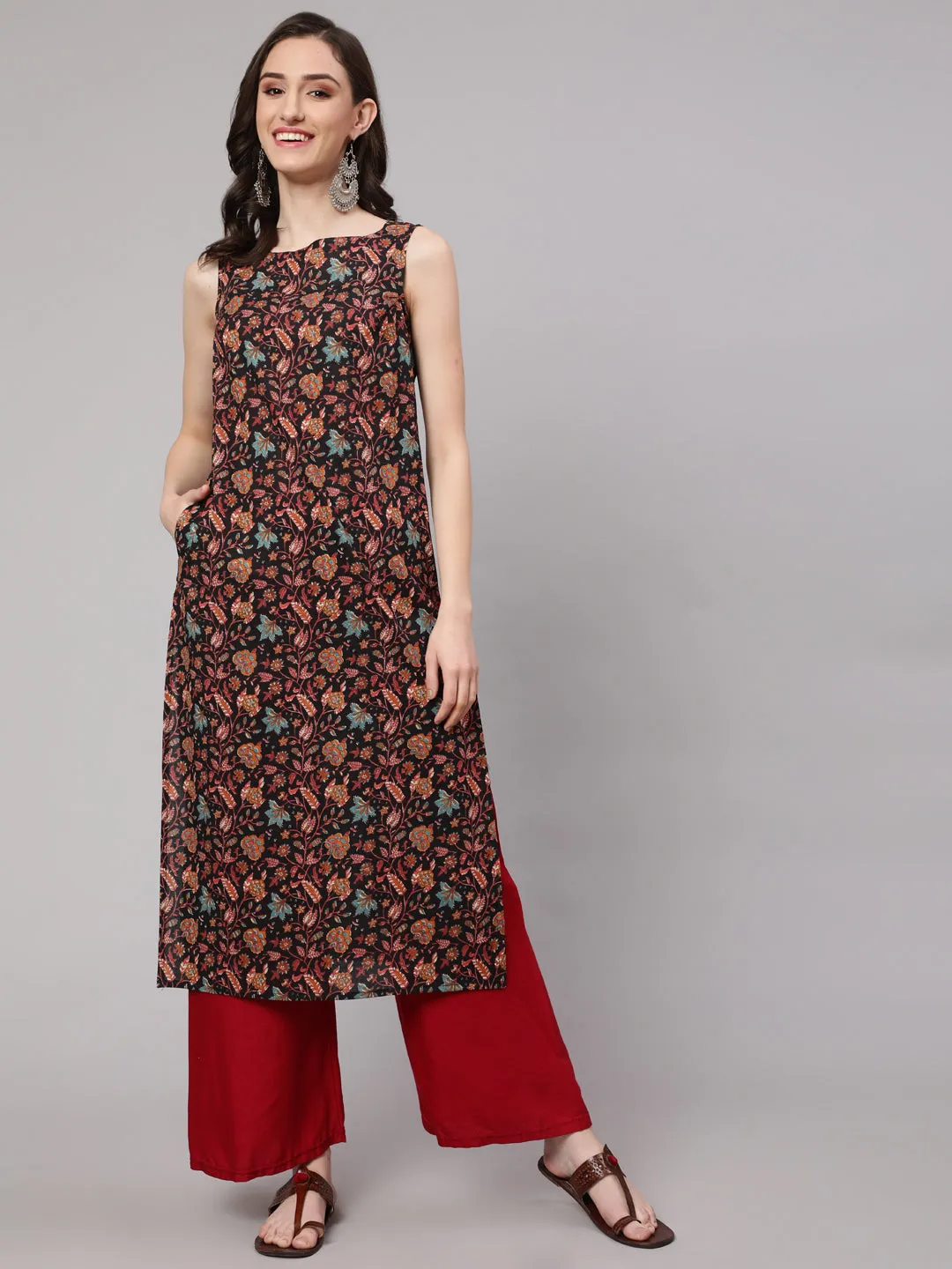 Women Multi Color Geometric Printed Sleeveless Straight Kurta