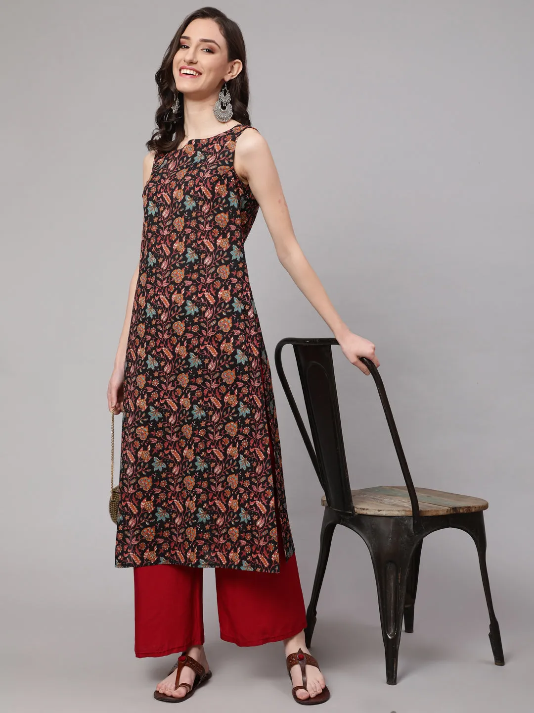 Women Multi Color Geometric Printed Sleeveless Straight Kurta