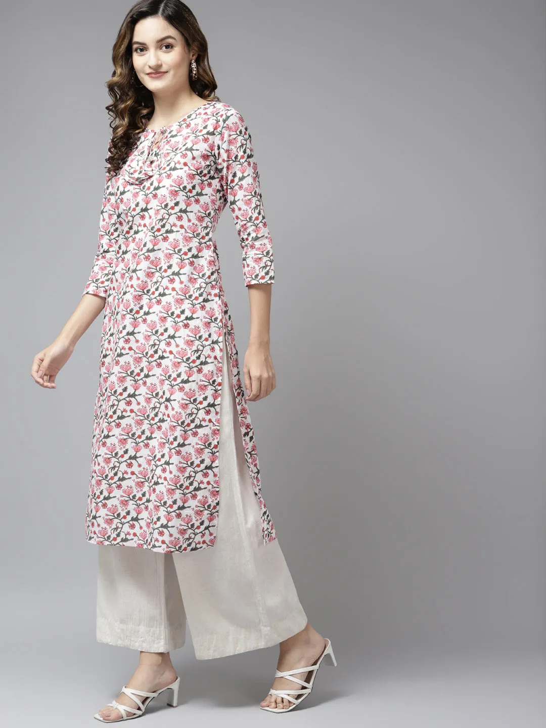 Women Off White & Pink Pure Cotton Floral Print Kurta