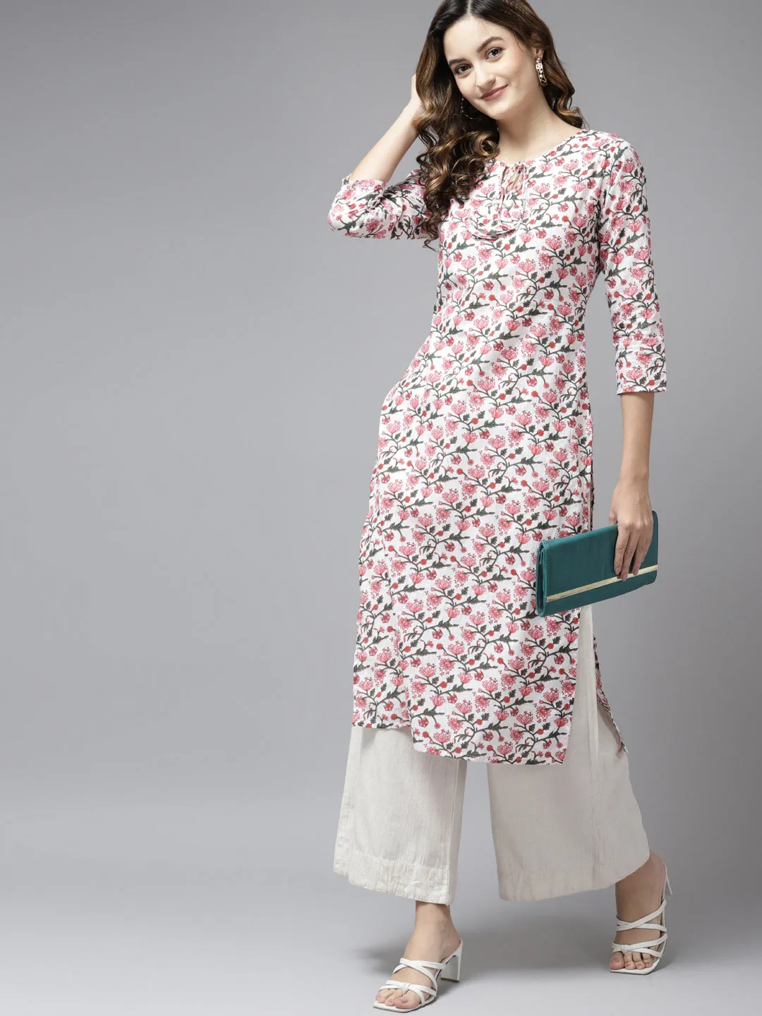 Women Off White & Pink Pure Cotton Floral Print Kurta