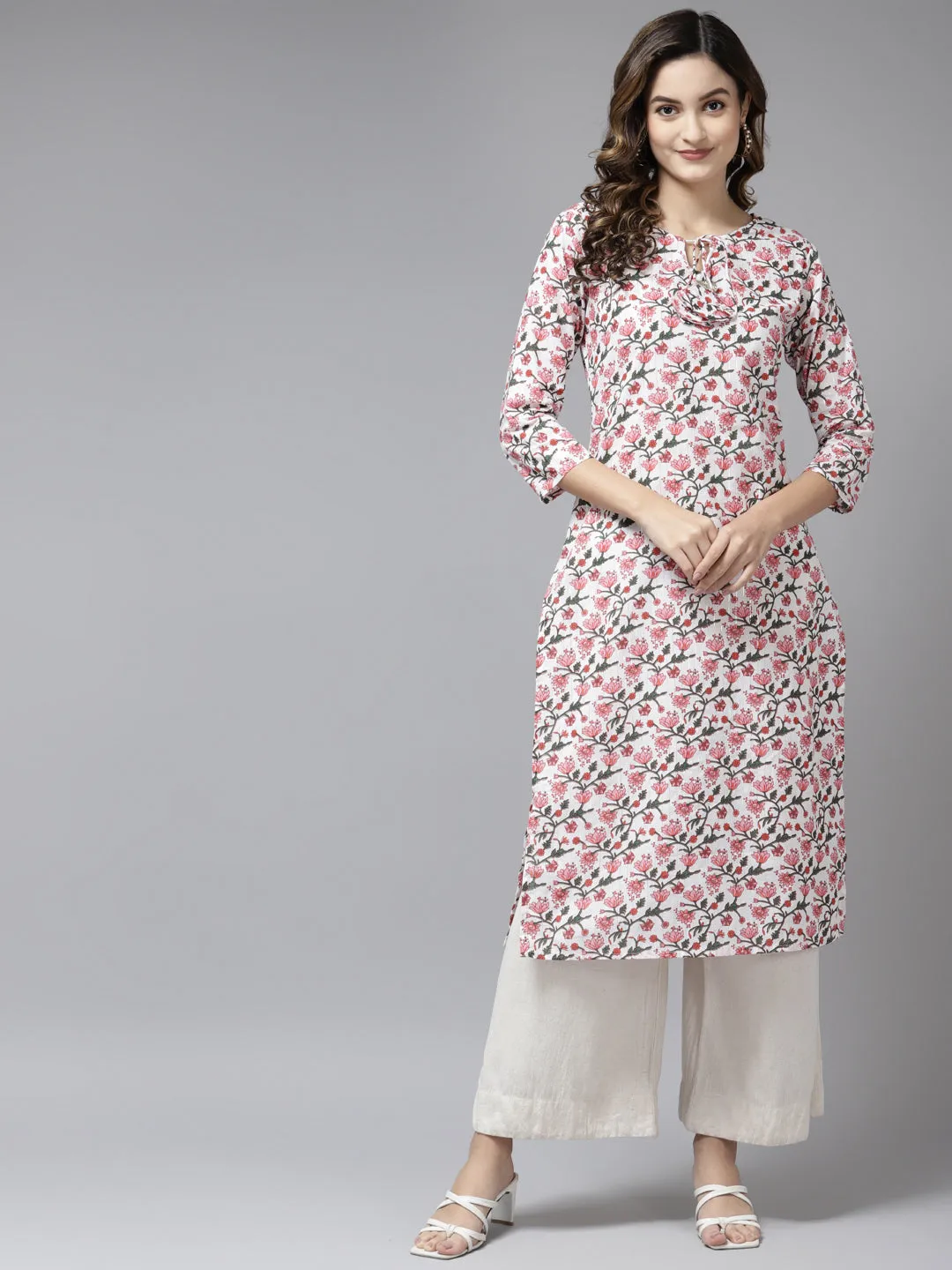 Women Off White & Pink Pure Cotton Floral Print Kurta