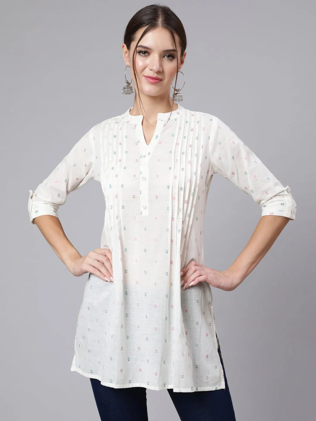 Women Off-White Straight Tunic With Three Quaretr Sleeves