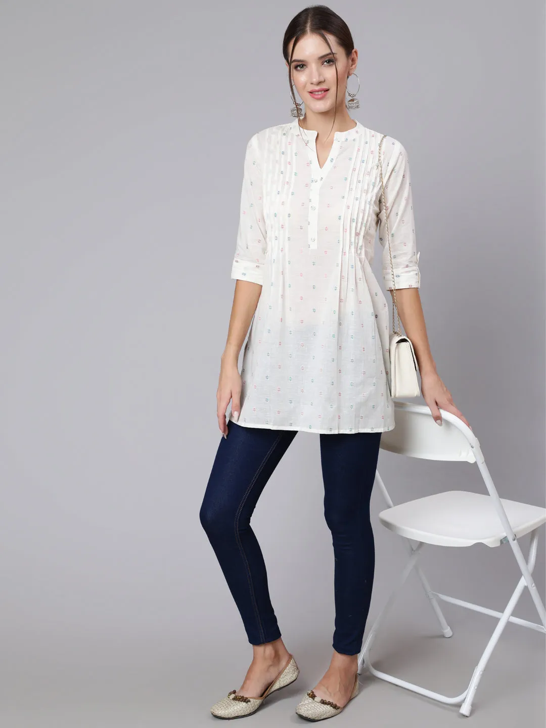 Women Off-White Straight Tunic With Three Quaretr Sleeves