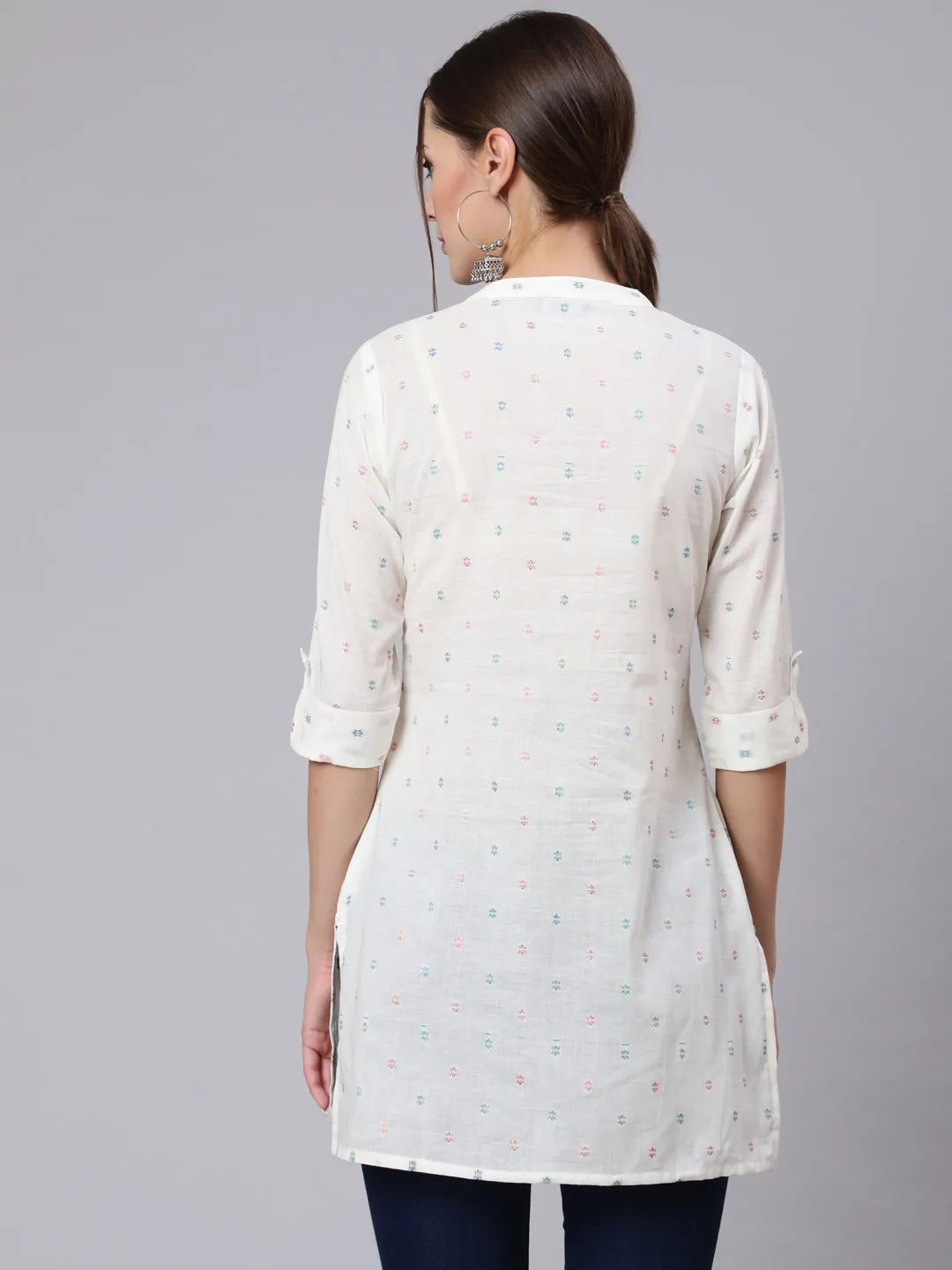 Women Off-White Straight Tunic With Three Quaretr Sleeves