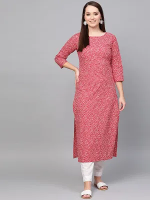 Women Red & White Floral Printed Straight Kurta