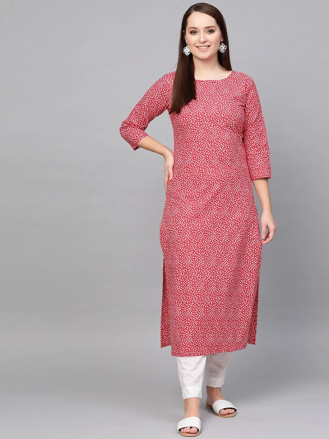 Women Red & White Floral Printed Straight Kurta