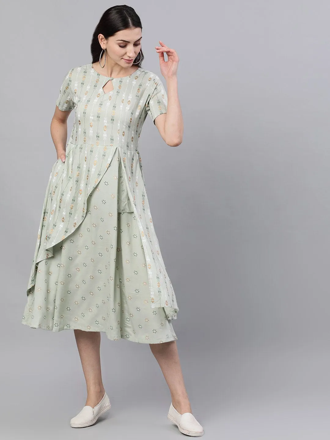 Women Sage Green Geometric Printed Keyhole Neck Viscose Rayon Fit And Flare Dress