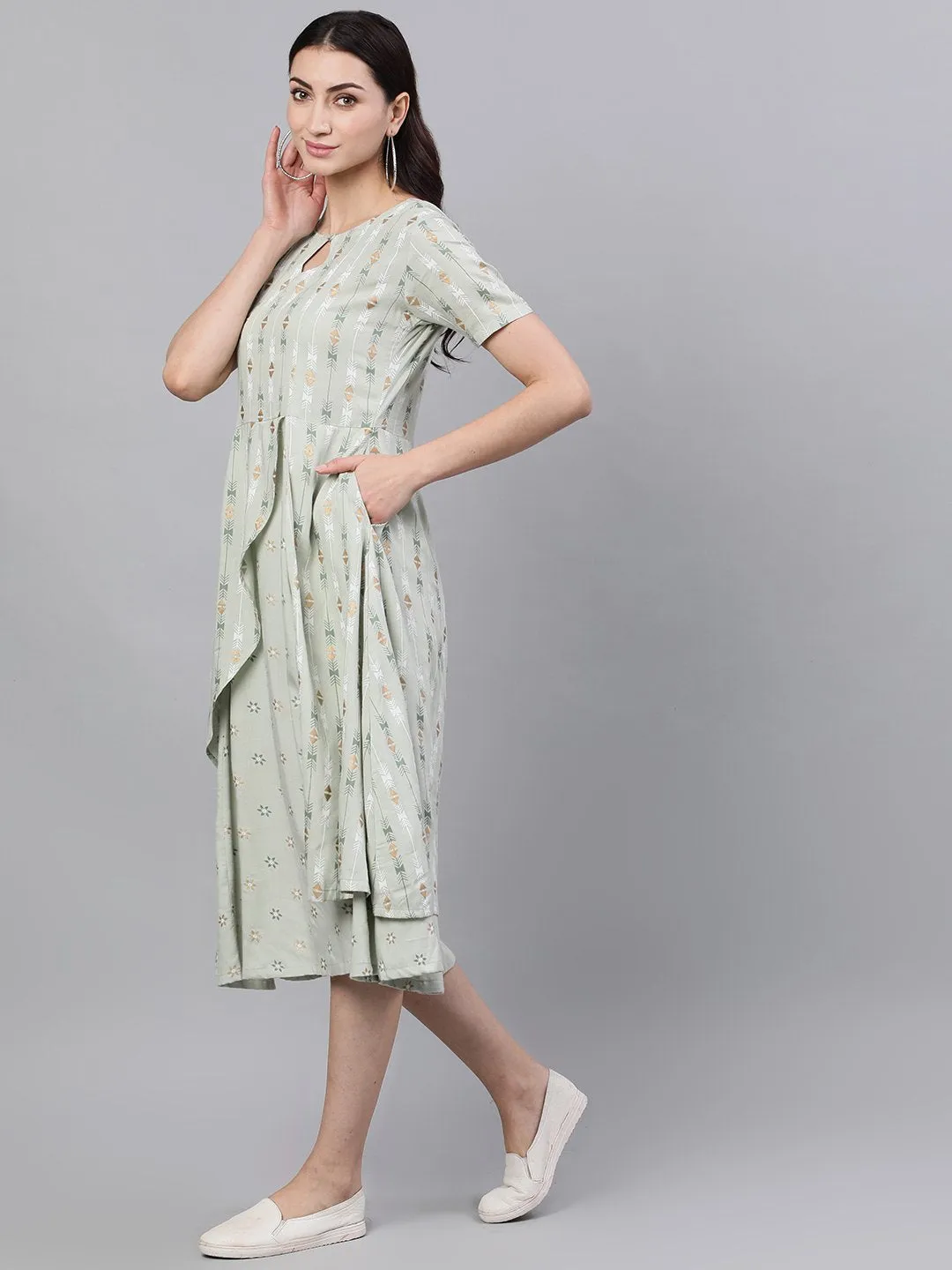 Women Sage Green Geometric Printed Keyhole Neck Viscose Rayon Fit And Flare Dress