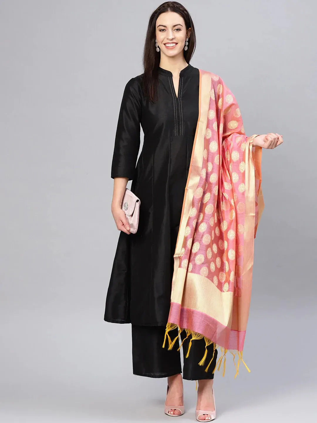 Women'S Black Solid Kurta With Palazzos & Dupatta