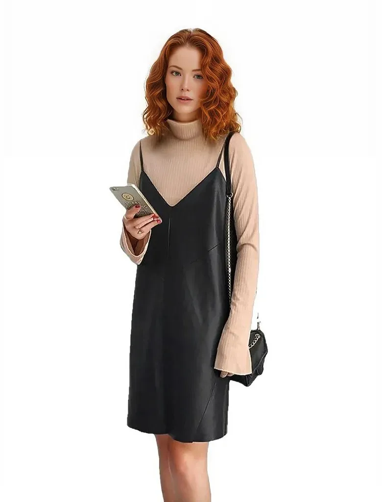 Women's Casual V-neck Genuine Leather Dress