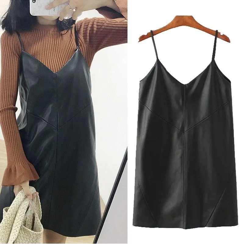 Women's Casual V-neck Genuine Leather Dress