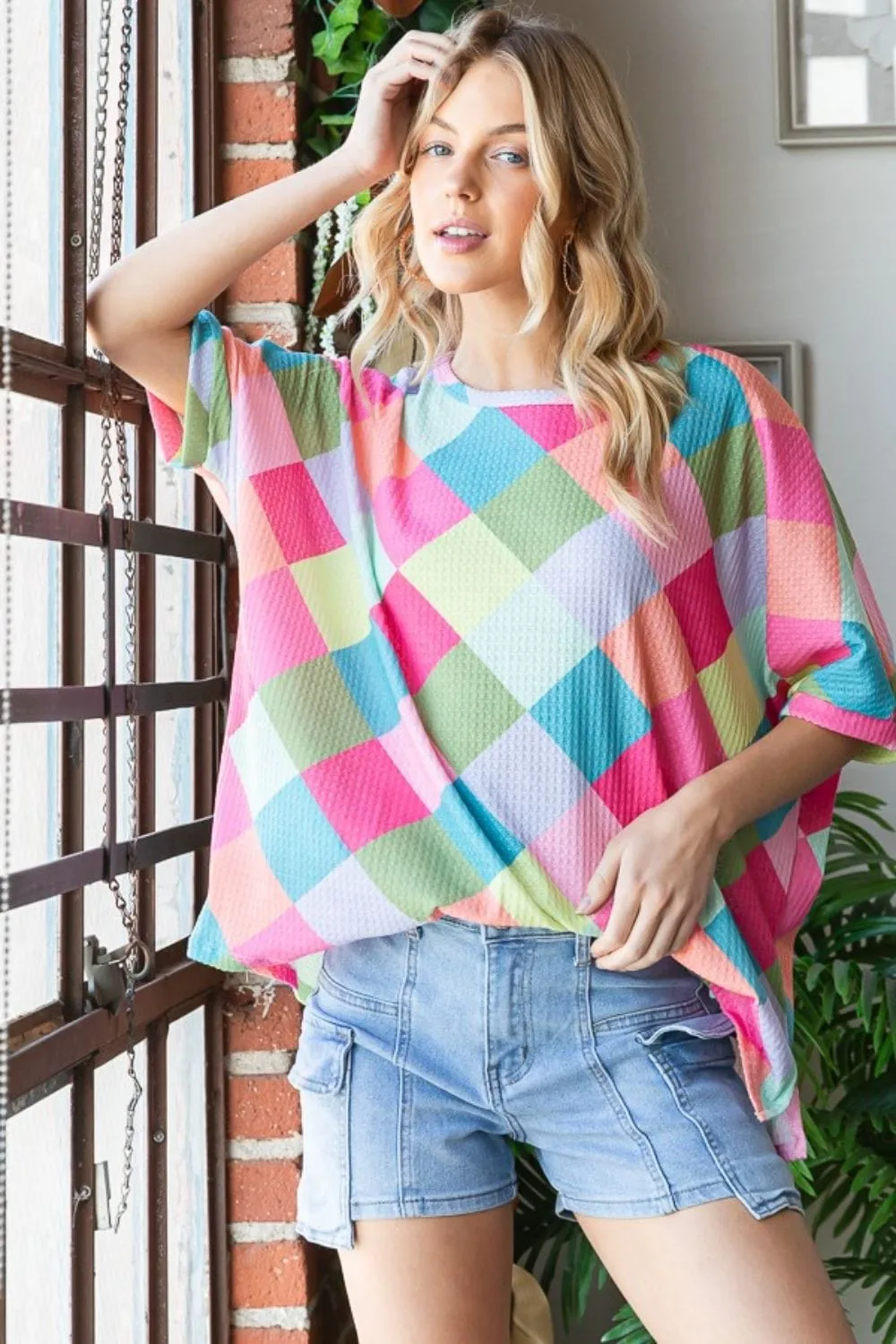 Women's Color Block Waffle Oversized T-Shirt