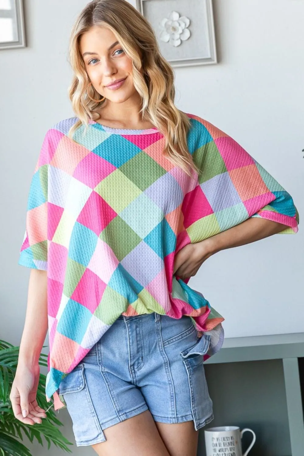 Women's Color Block Waffle Oversized T-Shirt