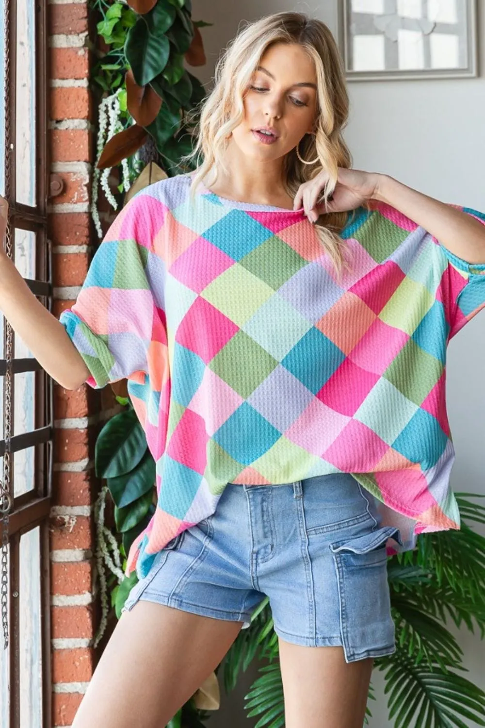 Women's Color Block Waffle Oversized T-Shirt