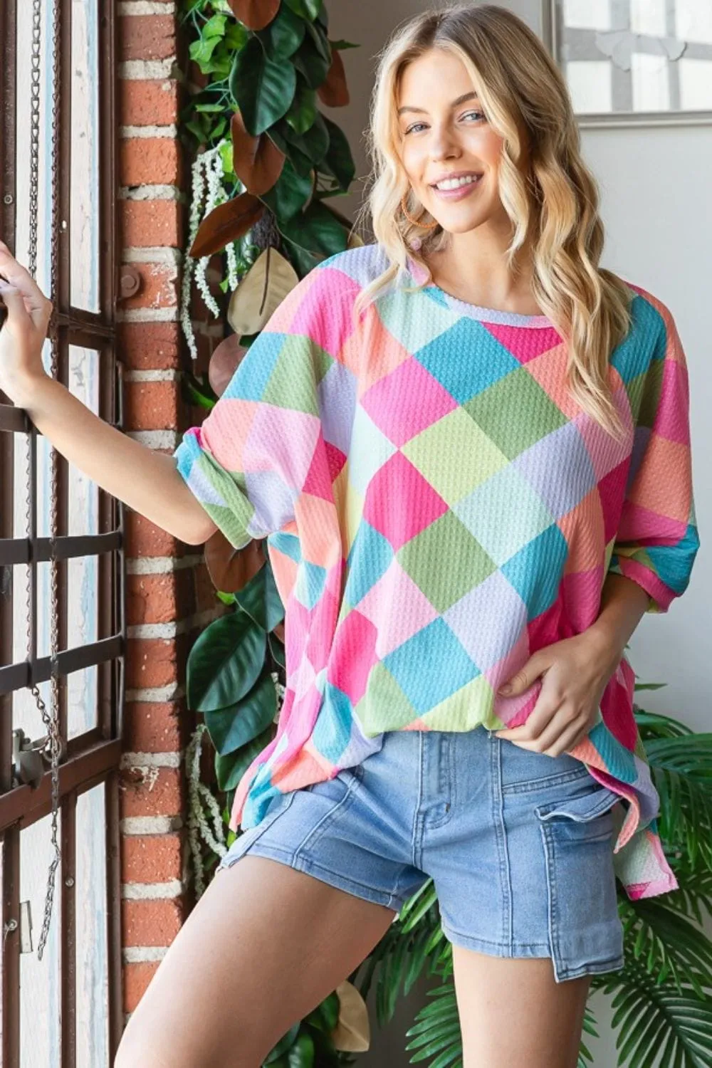 Women's Color Block Waffle Oversized T-Shirt