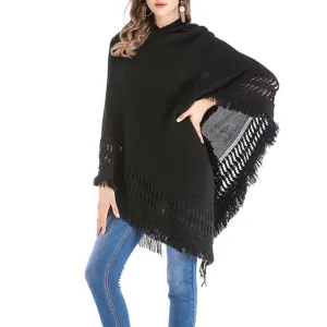 Womens Hooded Poncho with Fringe