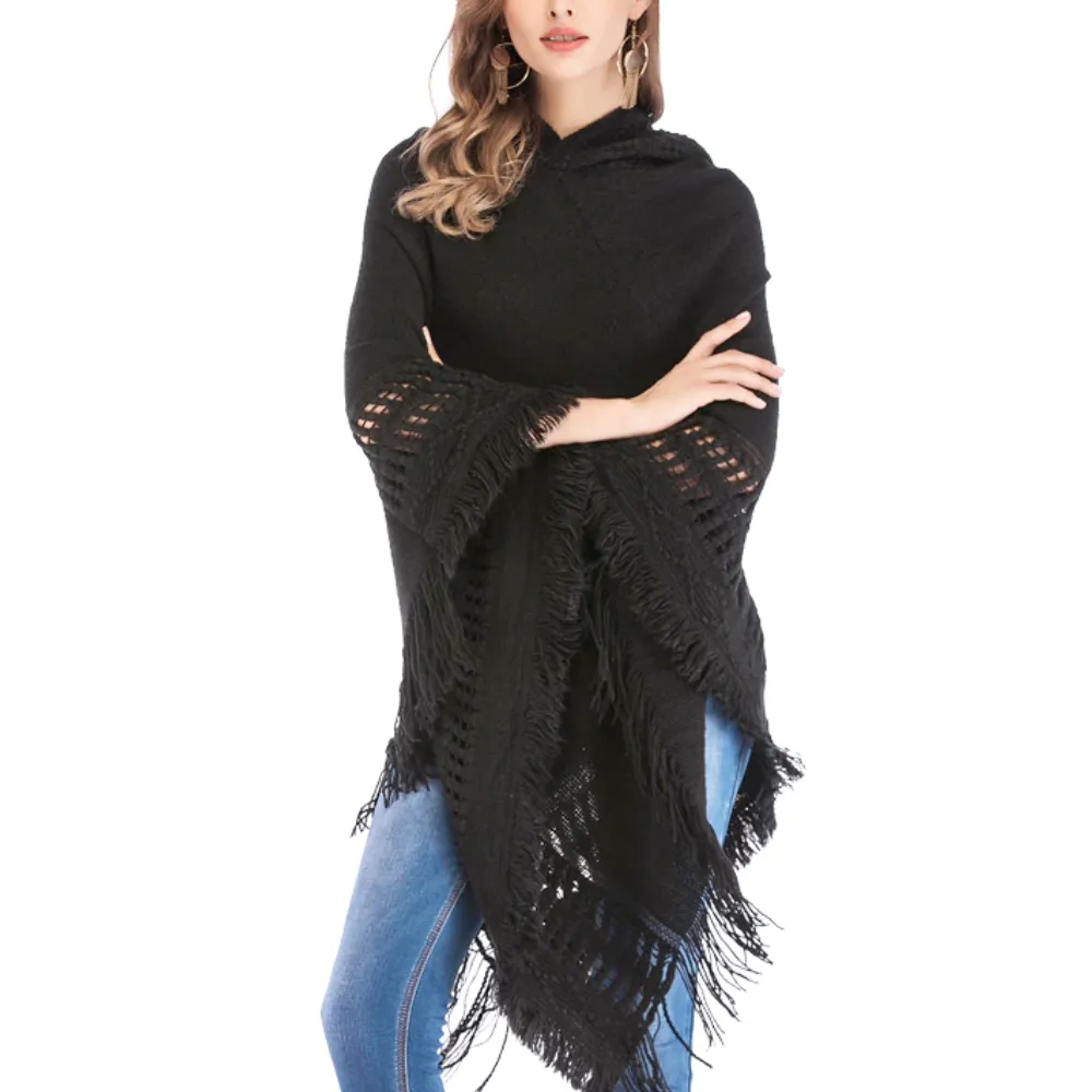 Womens Hooded Poncho with Fringe