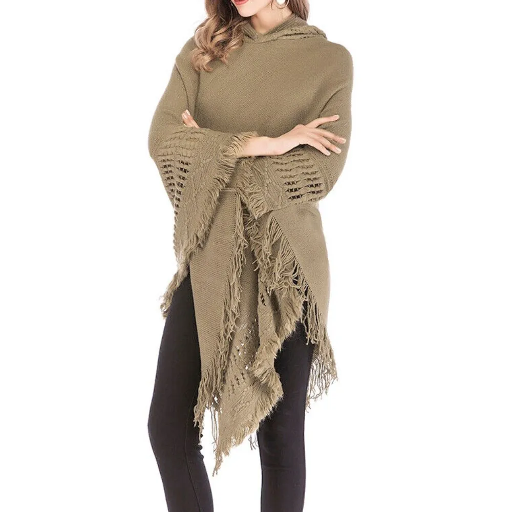 Womens Hooded Poncho with Fringe