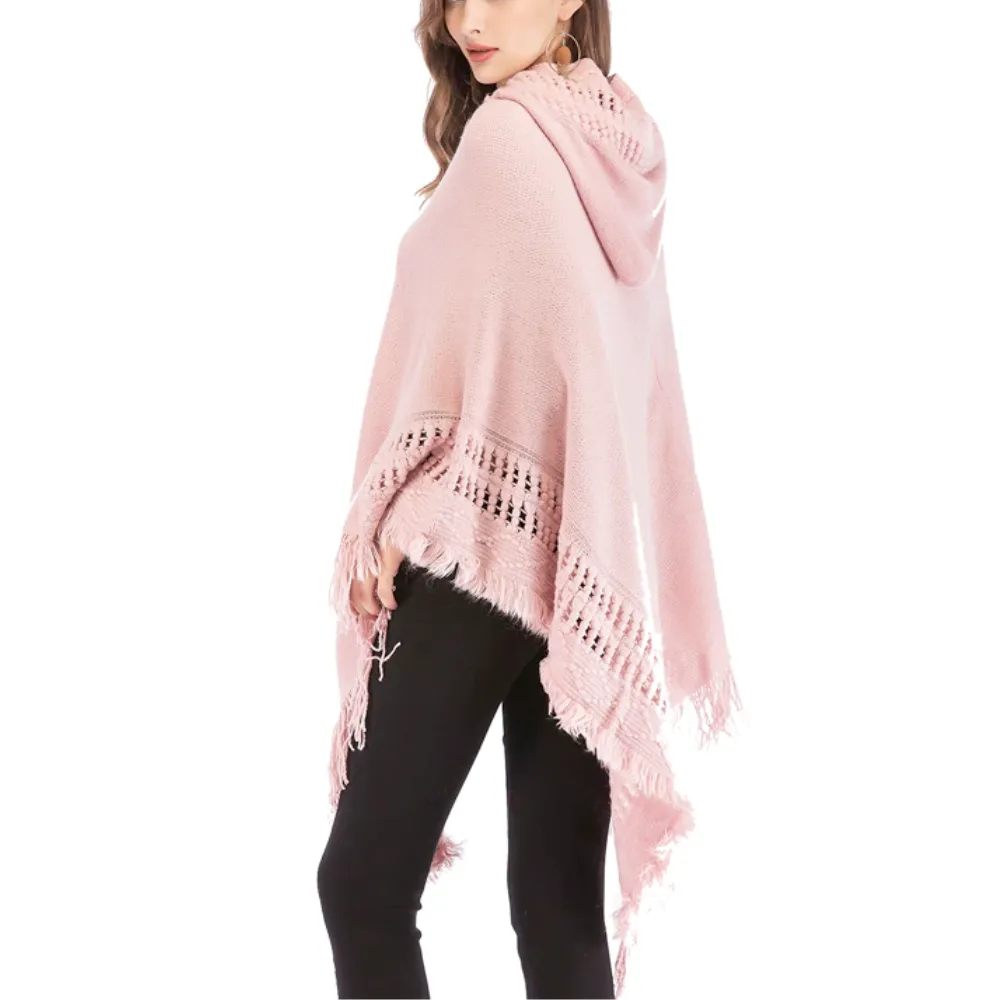 Womens Hooded Poncho with Fringe