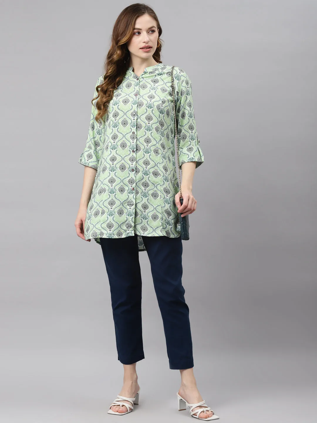 Women'S Light Green Floral Rayon Top