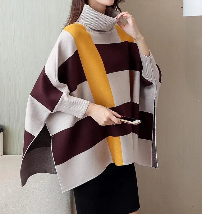 Womens Plaid Sweater Cape with Yellow Stripes