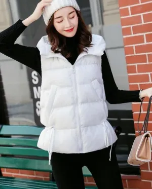 Womens Short Zipped Up Puffer Hooded Vest in White