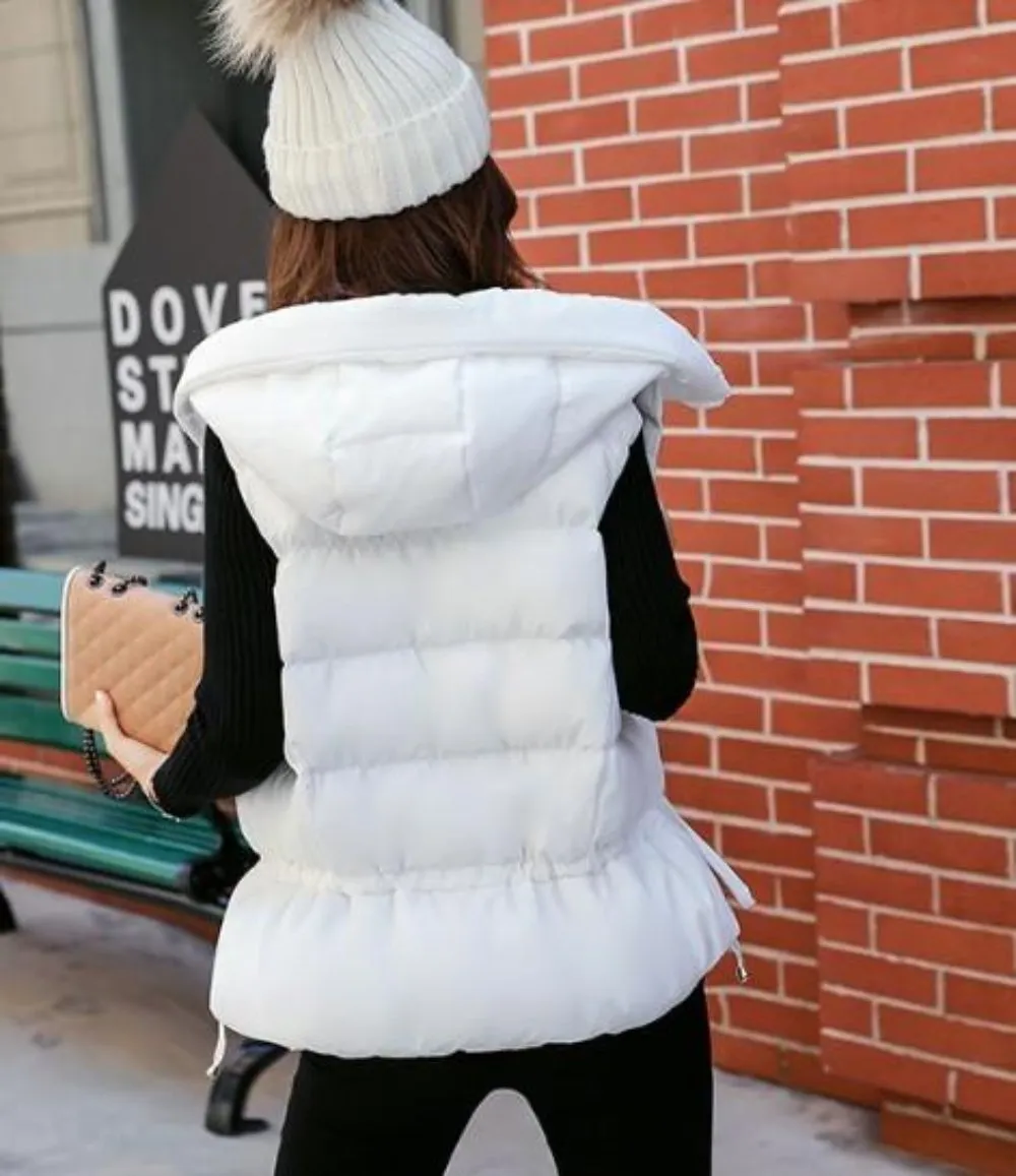 Womens Short Zipped Up Puffer Hooded Vest in White