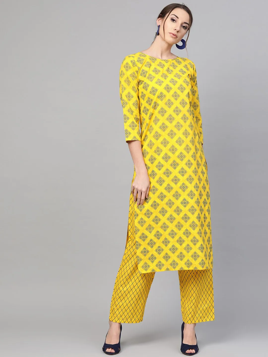 Yellow & Blue Geometric Printed Kurta Set With Straight Pant